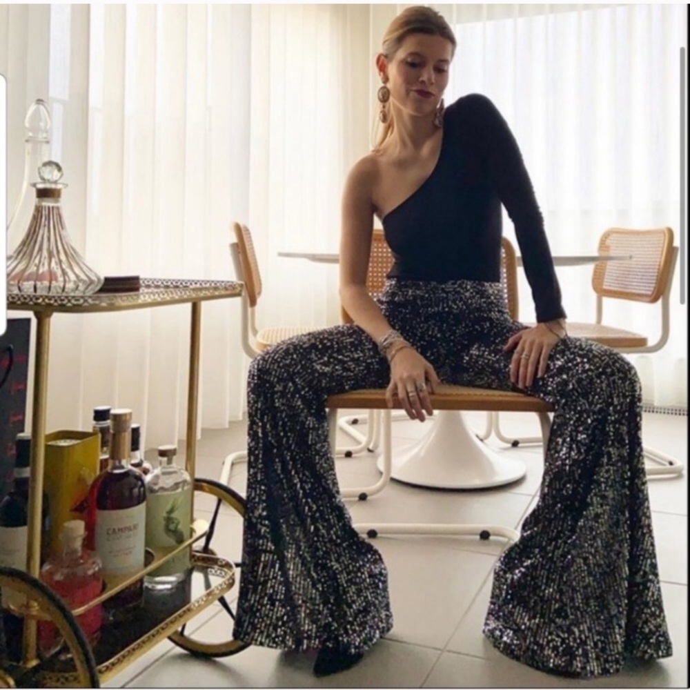 ZARA BLACK FLARED SEQUIN PANTS - Picture 4 of 5